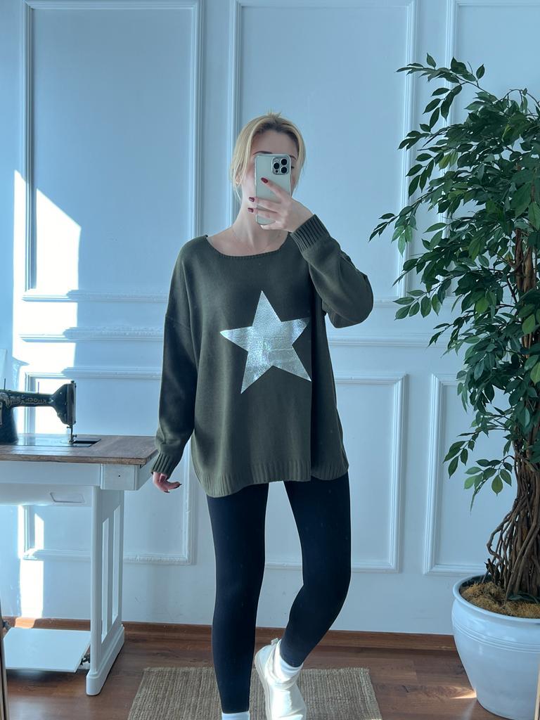 Yıldız Baskılı Oversize Kazak 2415 Haki