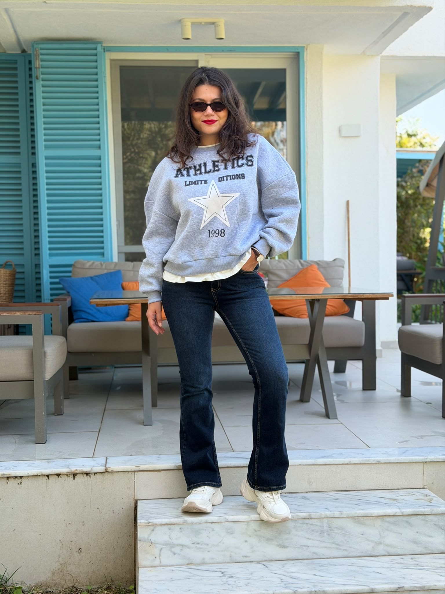 Yıldız Baskılı Sweatshirt 02552 Gri