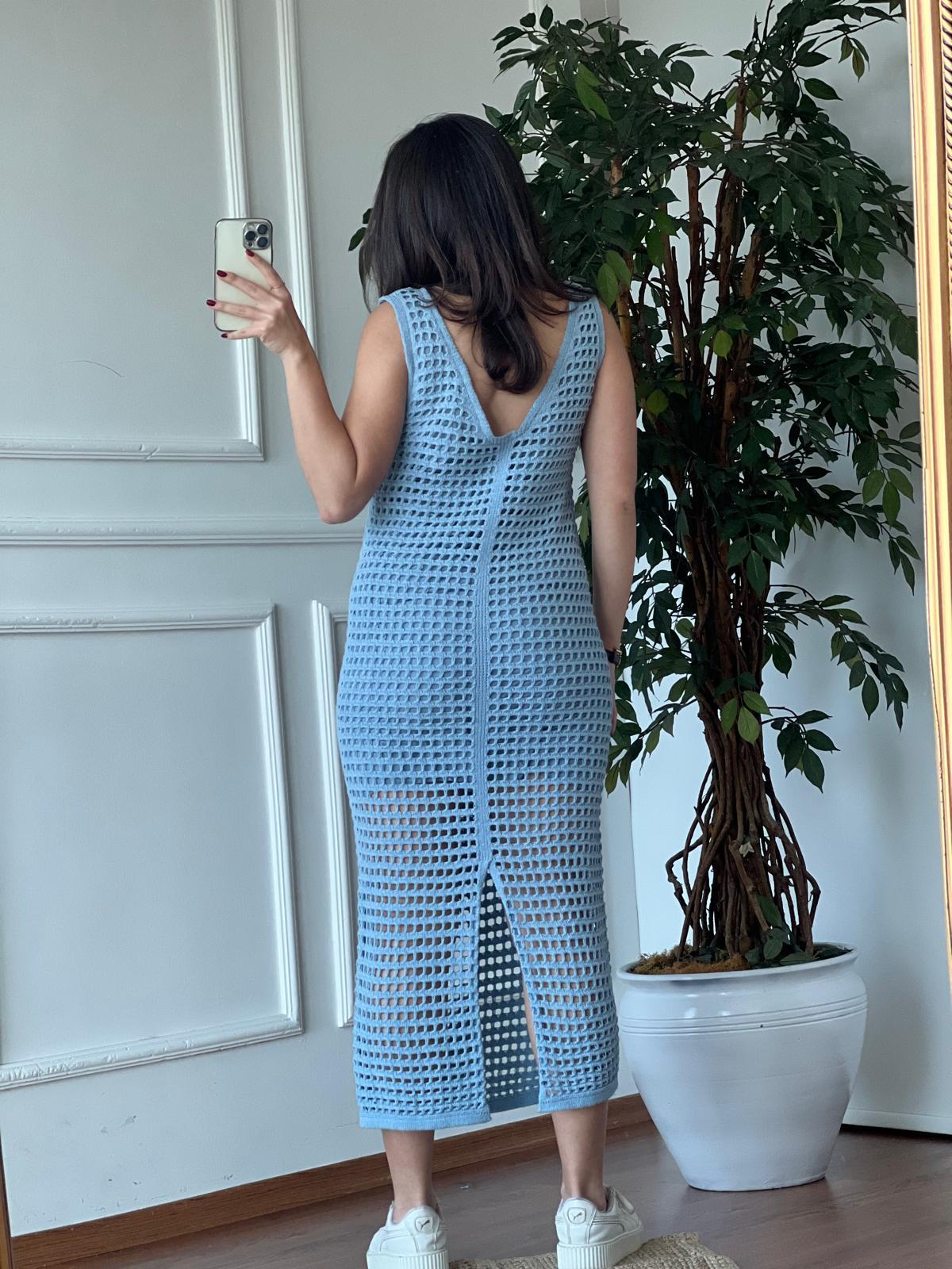 Yırtmaçlı Delikli Triko Elbise 4018 Bebe Mavisi