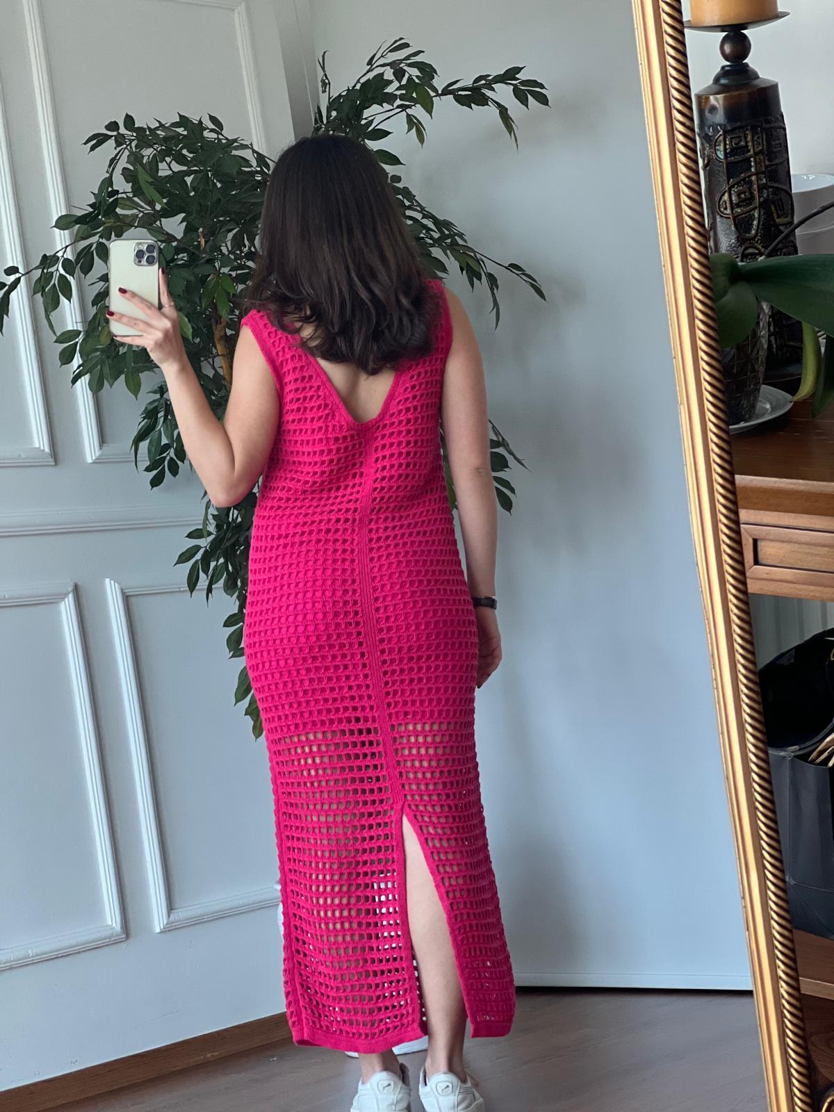 Yırtmaçlı Delikli Triko Elbise 4018 Fuşya