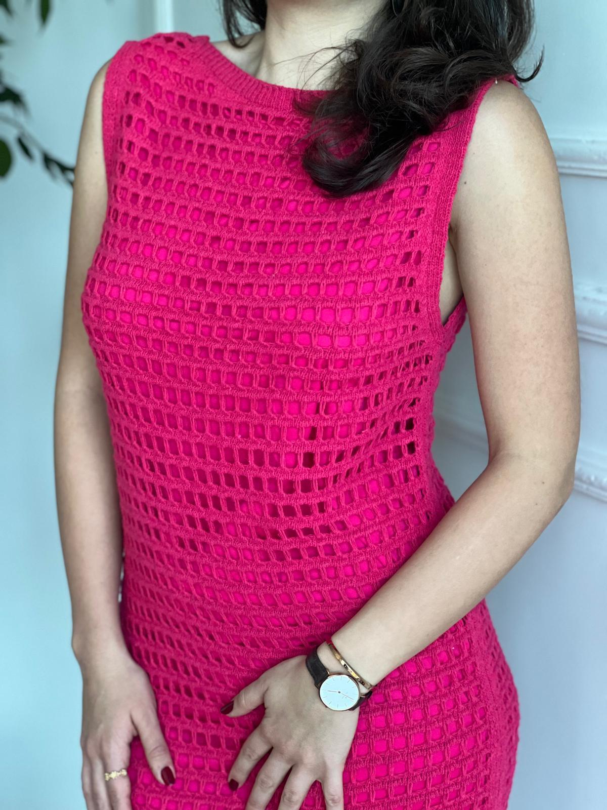 Yırtmaçlı Delikli Triko Elbise 4018 Fuşya