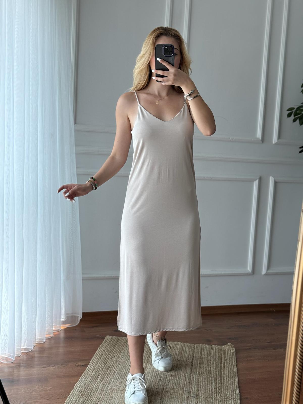 Yırtmaçlı Elbise 4943 Bej