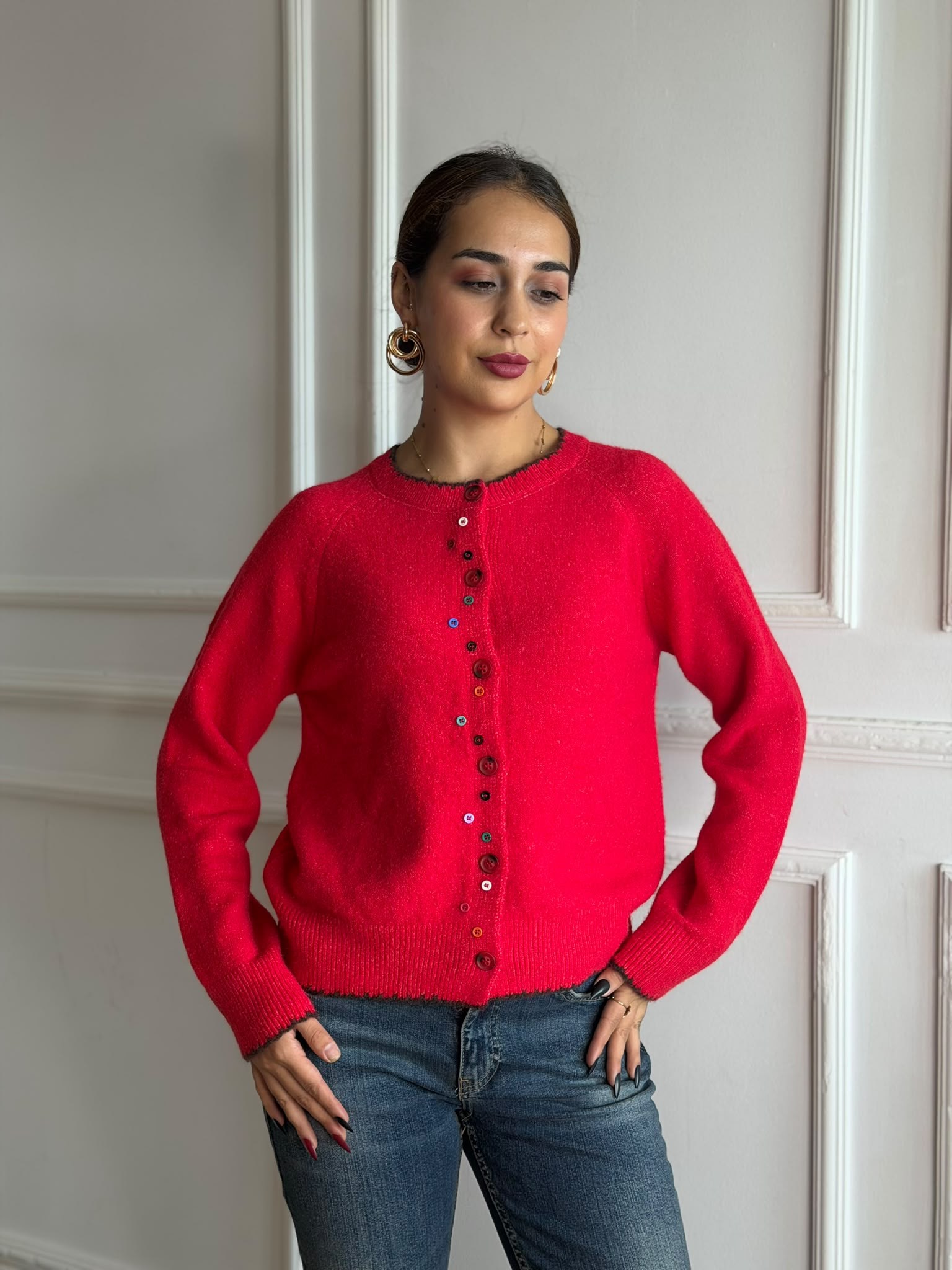 Yumoş Renkli Düğme Detaylı Hırka 7853 Kırmızı