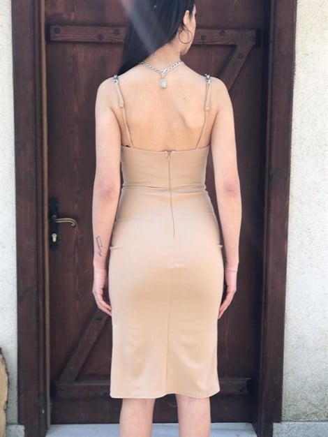 zincir askılı elbise 13-0653 Camel