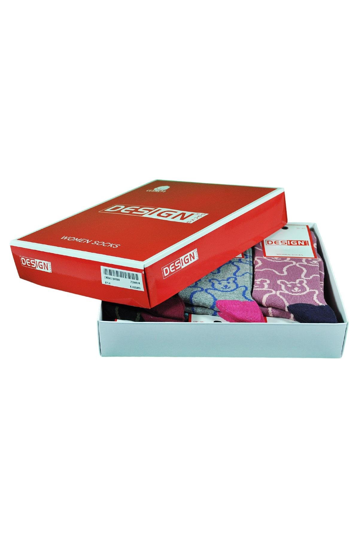 Ayı Desenli Soket Kadın Çorabı - Koyu Asorti - 36-40 Numara - %70 Pamuk | Design Socks