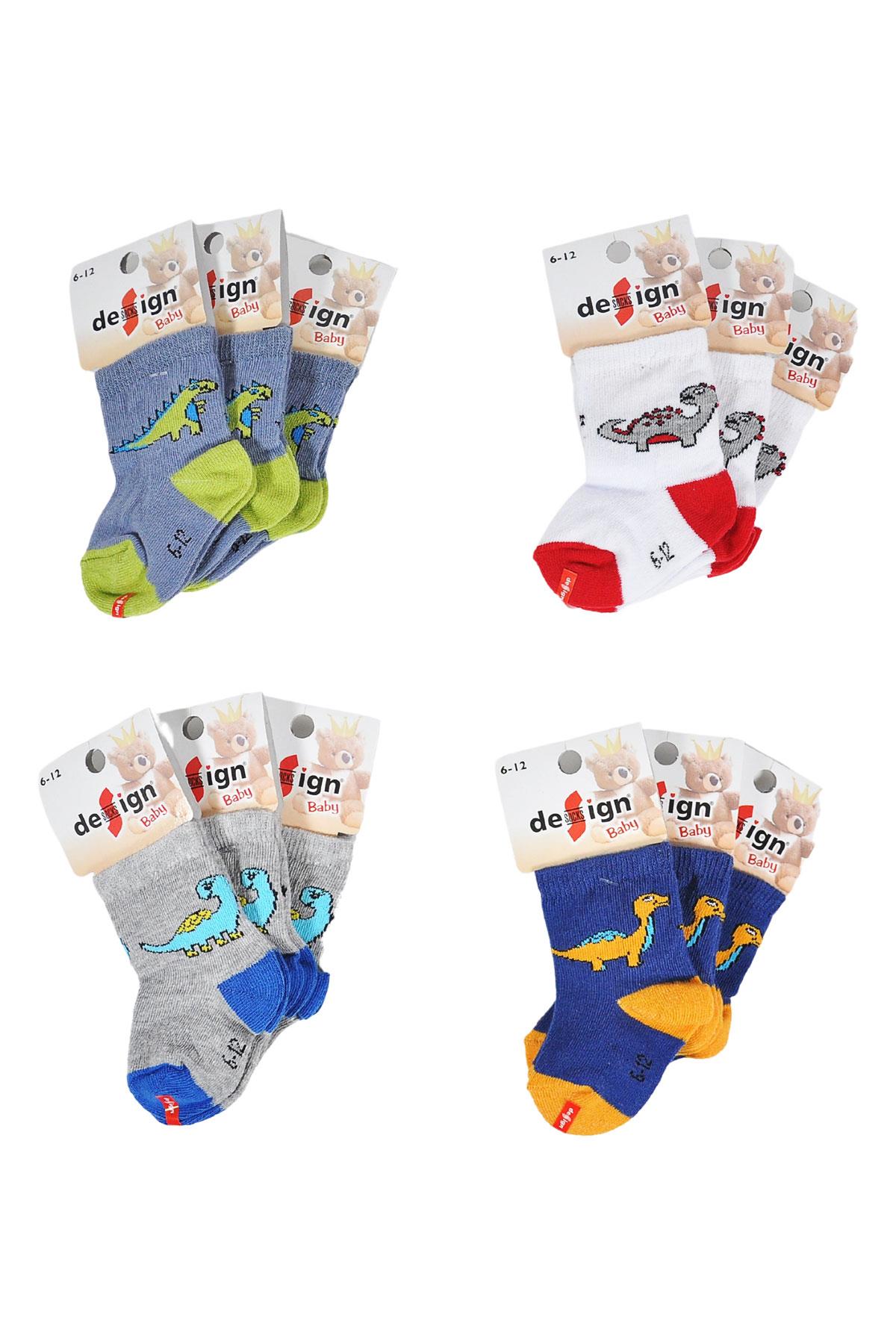 Dinazor Desenli Soket Bebek Çorabı - Asorti - 0-24 Ay - %80 Pamuk | Design Socks