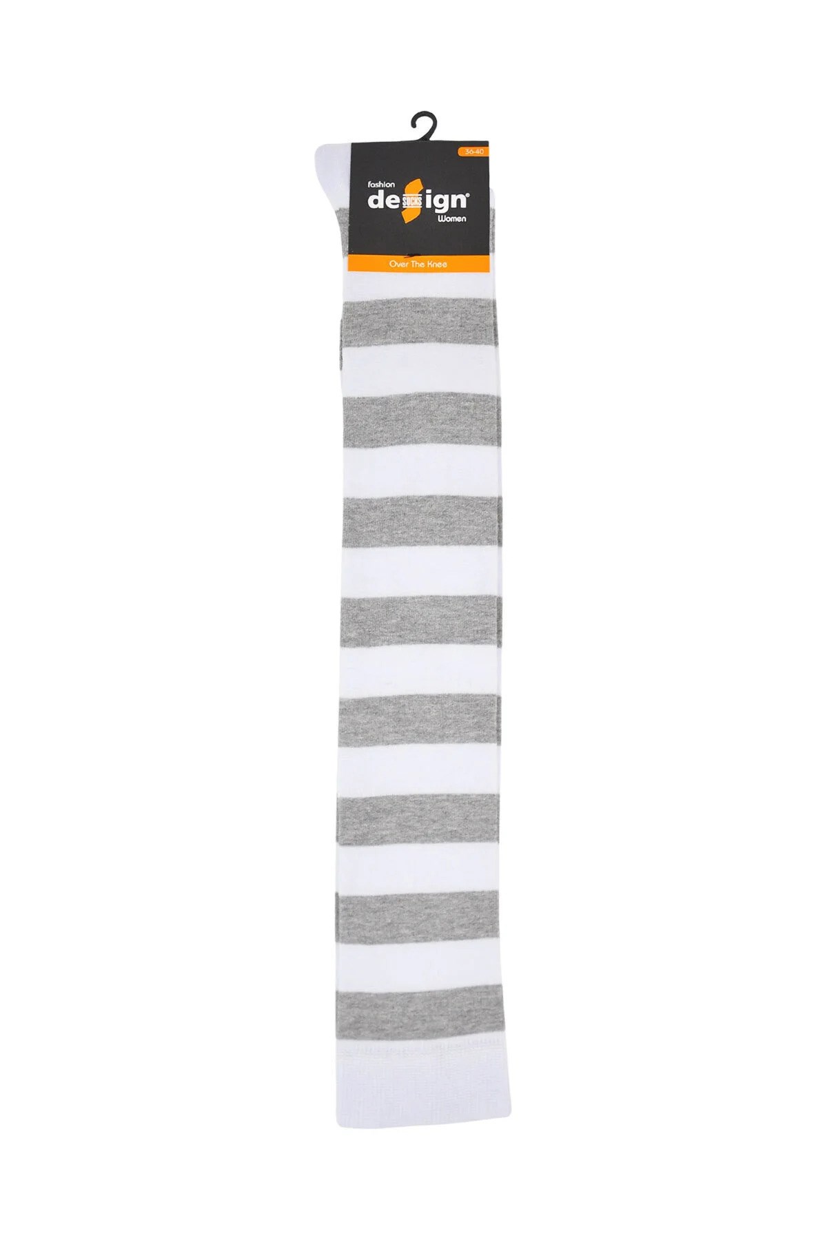 Diz Üstü Kadın Çorabı Beyaz-Gri Çizgili - 36-40 Numara - %70 Pamuk | Design Socks