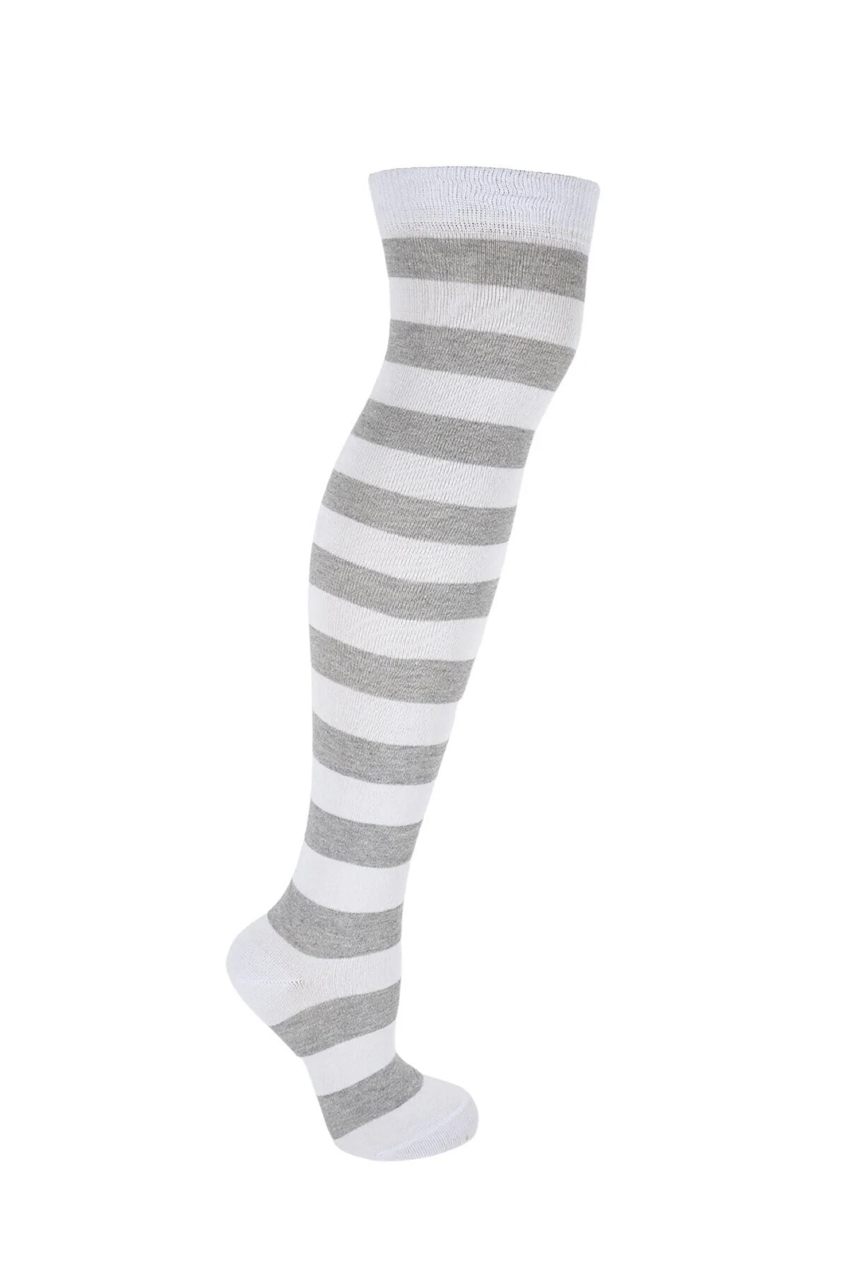 Diz Üstü Kadın Çorabı Beyaz-Gri Çizgili - 36-40 Numara - %70 Pamuk | Design Socks