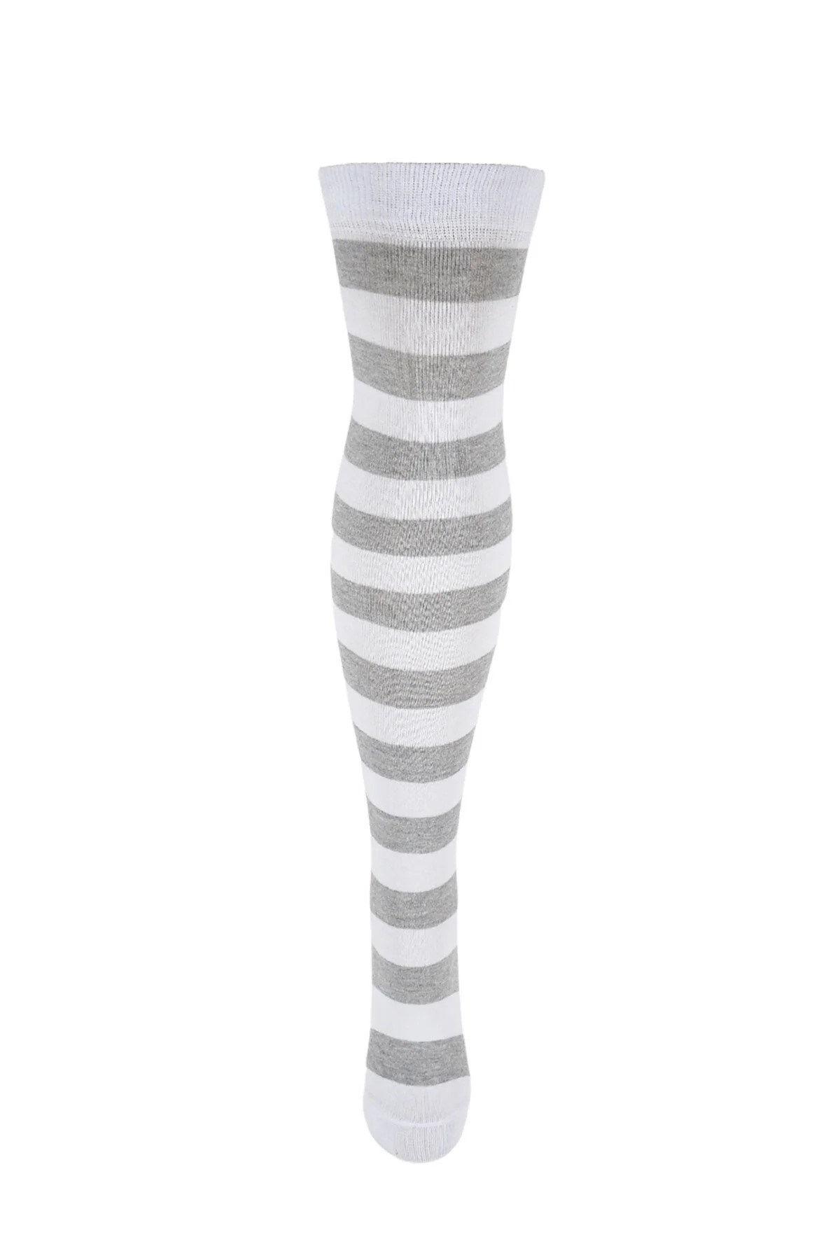 Diz Üstü Kadın Çorabı Beyaz-Gri Çizgili - 36-40 Numara - %70 Pamuk | Design Socks