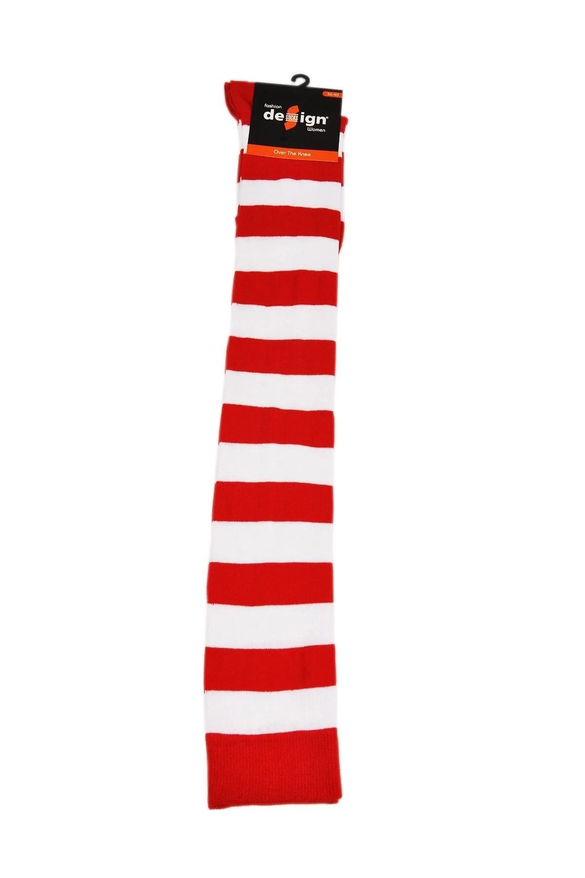 Diz Üstü Kadın Çorabı Beyaz-Kırmızı Çizgili - 36-40 Numara - %70 Pamuk | Design Socks