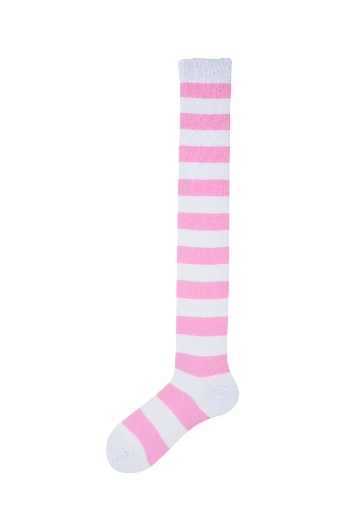 Diz Üstü Kadın Çorabı Beyaz-Pembe Çizgili - 36-40 Numara - %70 Pamuk | Design Socks