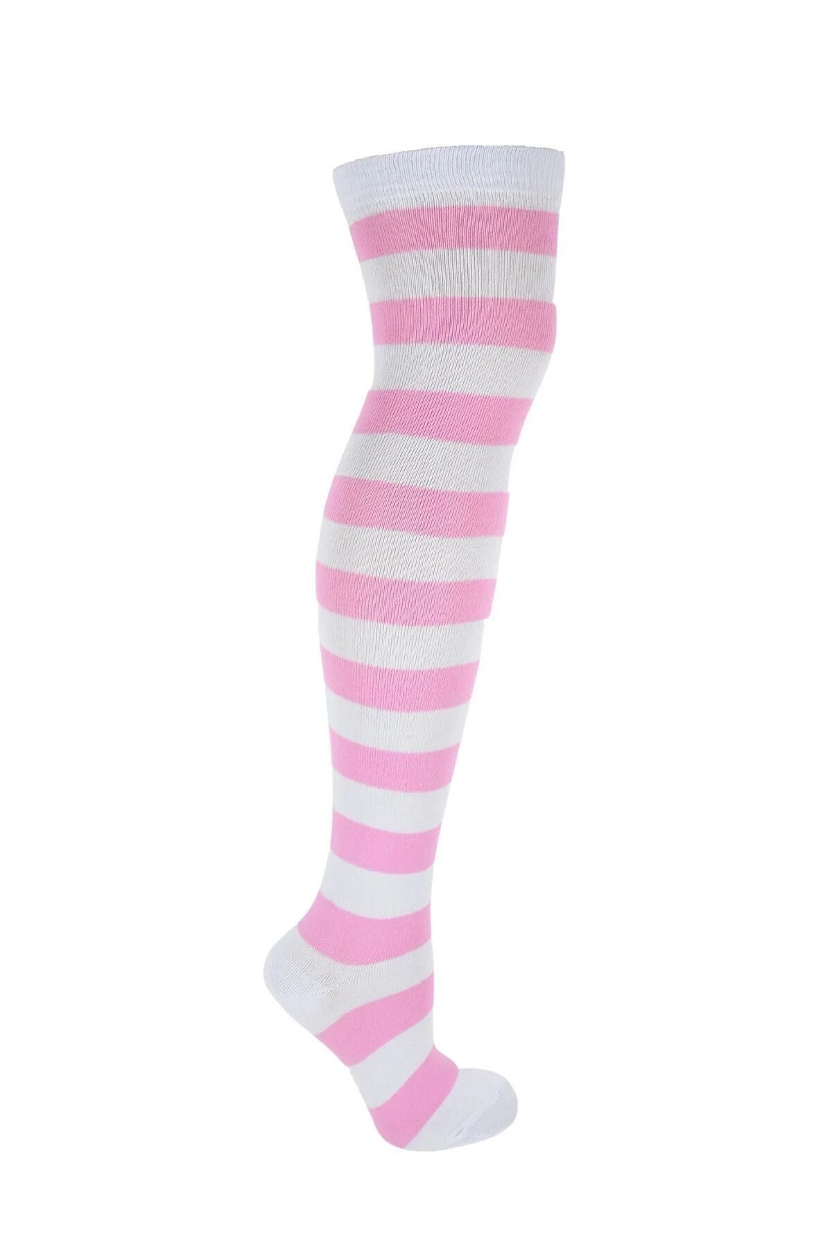 Diz Üstü Kadın Çorabı Beyaz-Pembe Çizgili - 36-40 Numara - %70 Pamuk | Design Socks