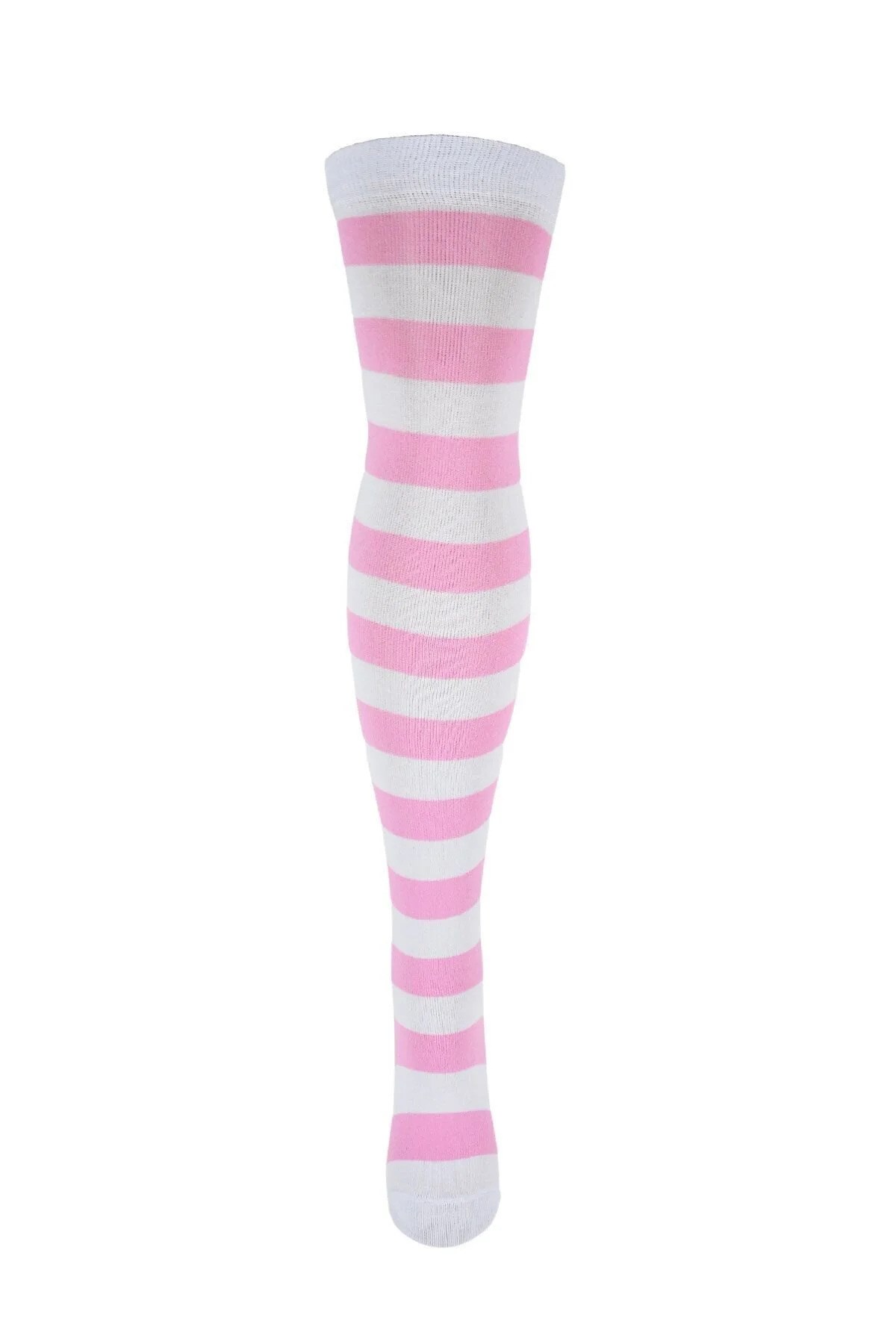 Diz Üstü Kadın Çorabı Beyaz-Pembe Çizgili - 36-40 Numara - %70 Pamuk | Design Socks