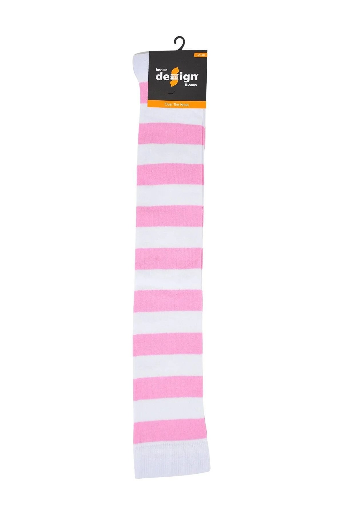 Diz Üstü Kadın Çorabı Beyaz-Pembe Çizgili - 36-40 Numara - %70 Pamuk | Design Socks
