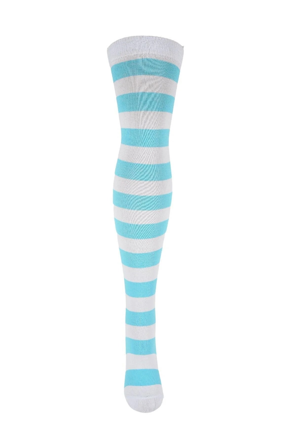 Diz Üstü Kadın Çorabı Beyaz-Turkuaz Çizgili - 36-40 Numara - %70 Pamuk | Design Socks