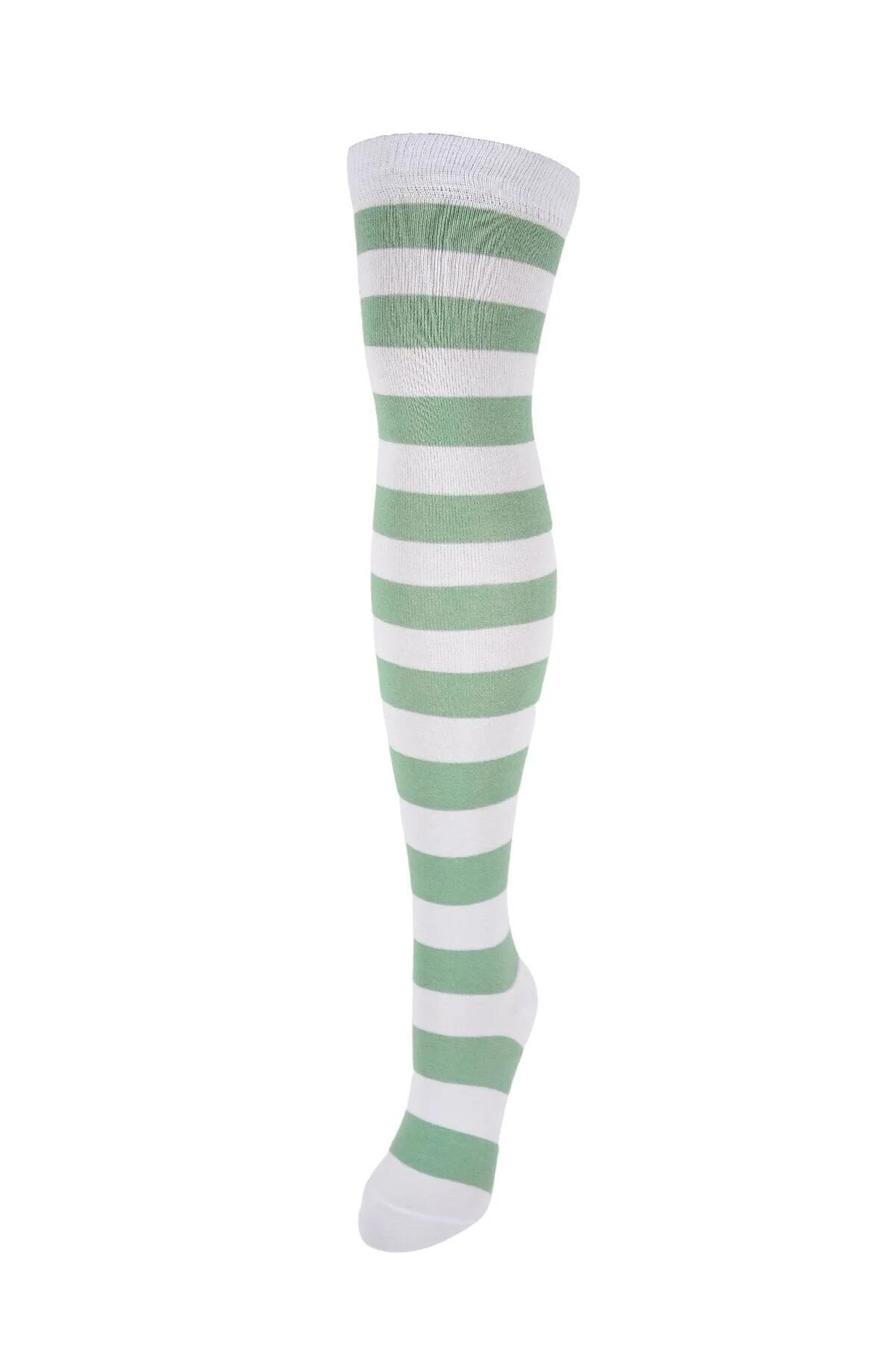 Diz Üstü Kadın Çorabı Beyaz-Yeşil Çizgili - 36-40 Numara - %70 Pamuk | Design Socks