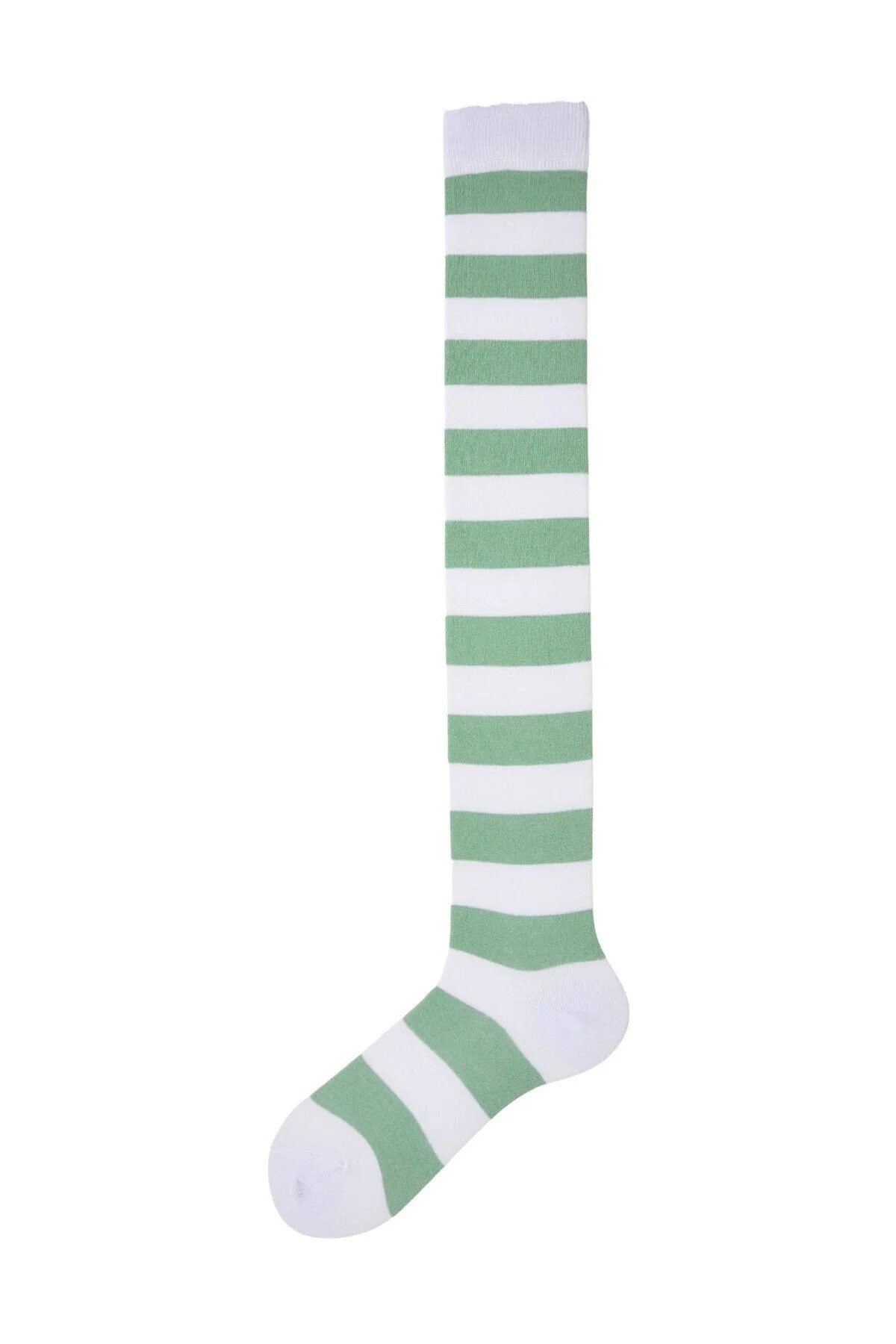 Diz Üstü Kadın Çorabı Beyaz-Yeşil Çizgili - 36-40 Numara - %70 Pamuk | Design Socks