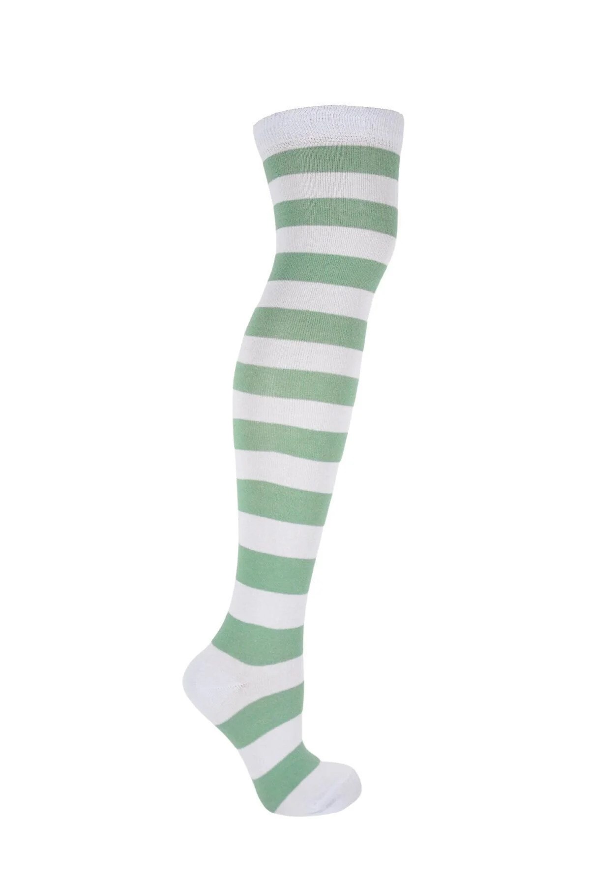 Diz Üstü Kadın Çorabı Beyaz-Yeşil Çizgili - 36-40 Numara - %70 Pamuk | Design Socks