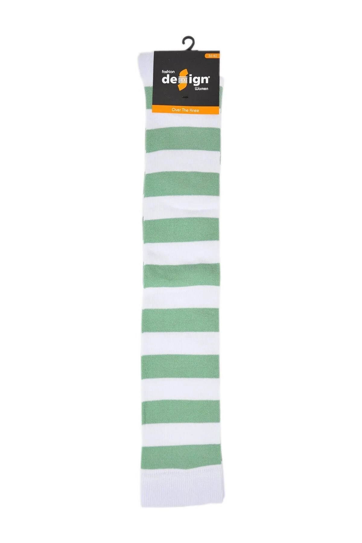 Diz Üstü Kadın Çorabı Beyaz-Yeşil Çizgili - 36-40 Numara - %70 Pamuk | Design Socks