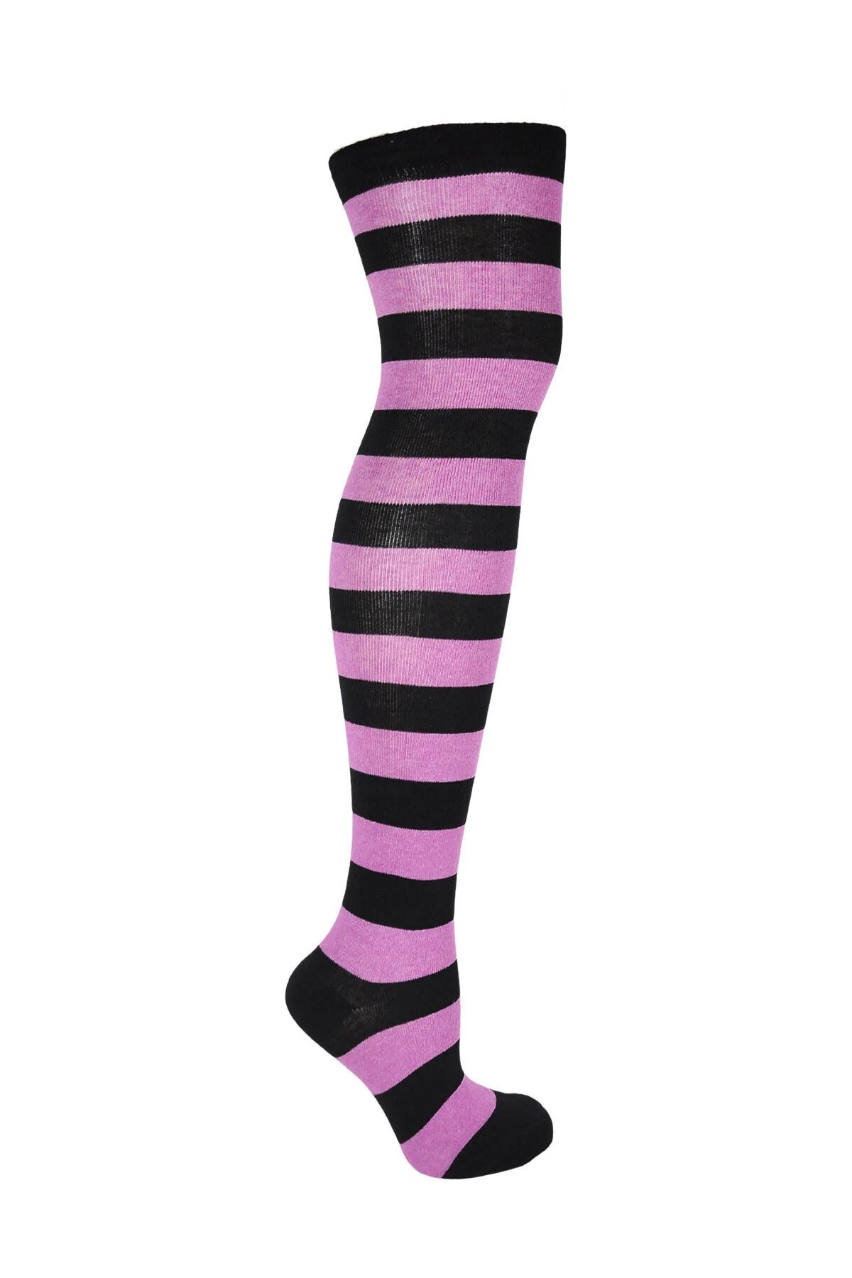 Diz Üstü Kadın Çorabı Siyah-A. Lila Çizgili - 36-40 Numara - %70 Pamuk | Design Socks