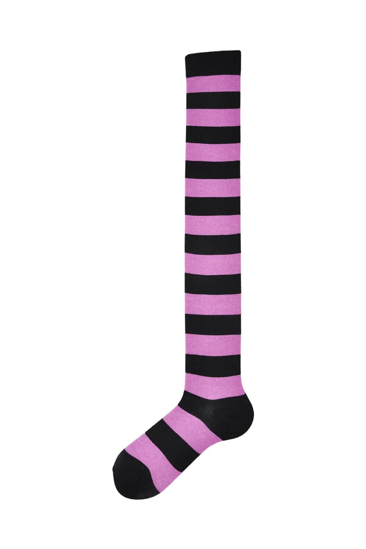 Diz Üstü Kadın Çorabı Siyah-A. Lila Çizgili - 36-40 Numara - %70 Pamuk | Design Socks