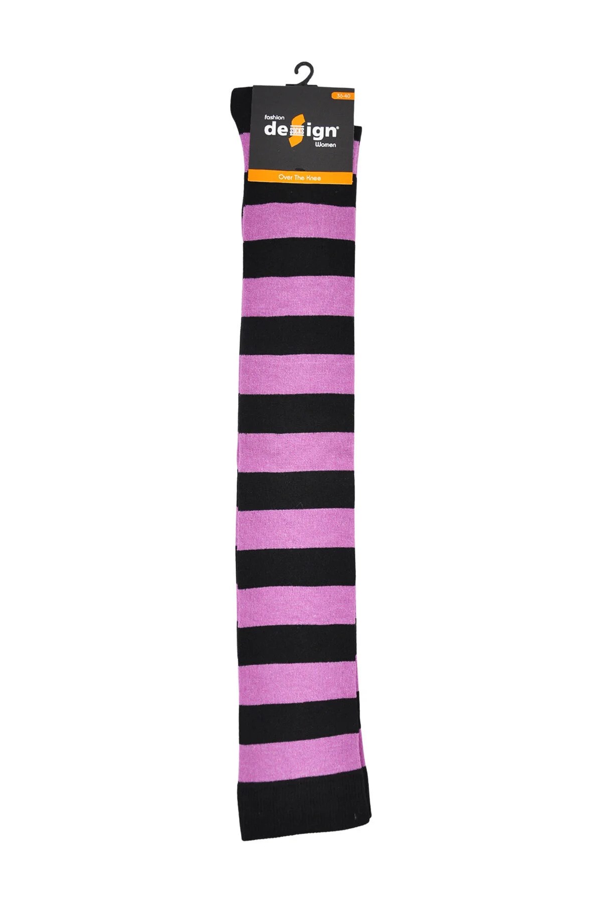 Diz Üstü Kadın Çorabı Siyah-A. Lila Çizgili - 36-40 Numara - %70 Pamuk | Design Socks