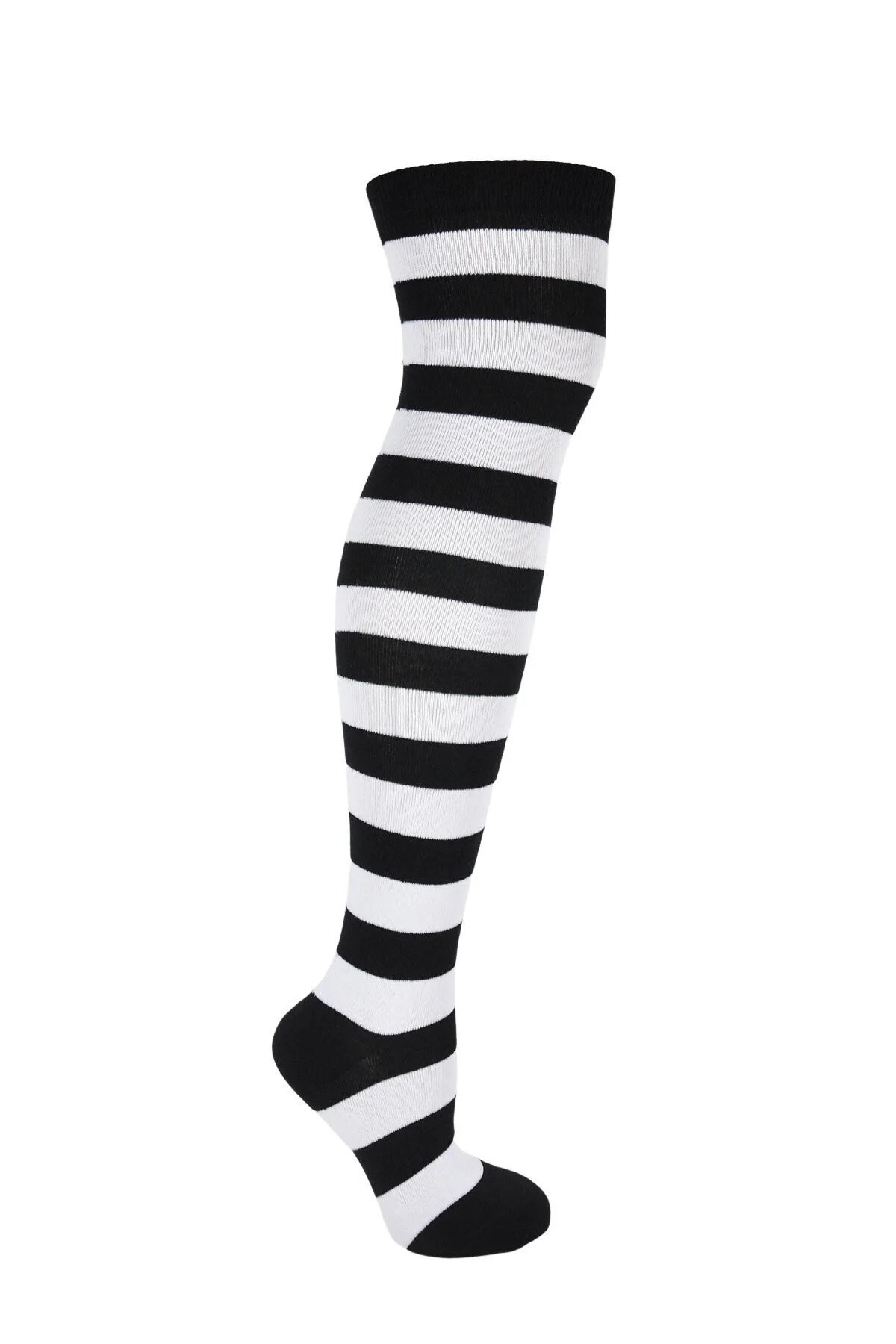 Diz Üstü Kadın Çorabı Siyah-Beyaz Çizgili - 36-40 Numara - %70 Pamuk | Design Socks