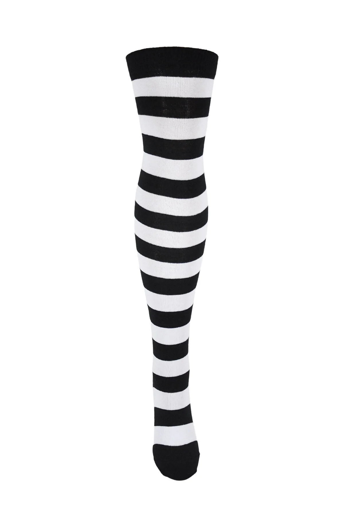 Diz Üstü Kadın Çorabı Siyah-Beyaz Çizgili - 36-40 Numara - %70 Pamuk | Design Socks