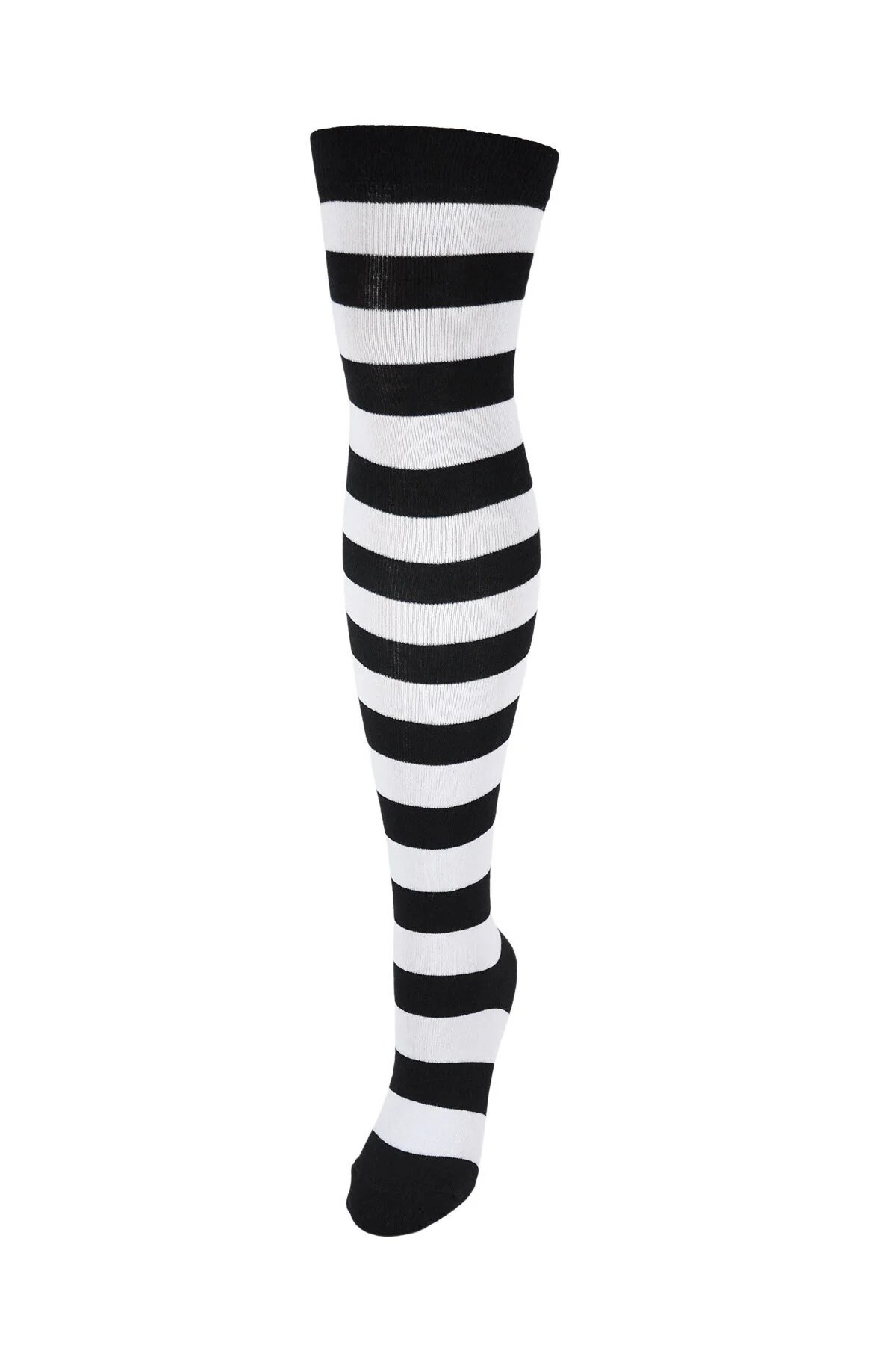 Diz Üstü Kadın Çorabı Siyah-Beyaz Çizgili - 36-40 Numara - %70 Pamuk | Design Socks