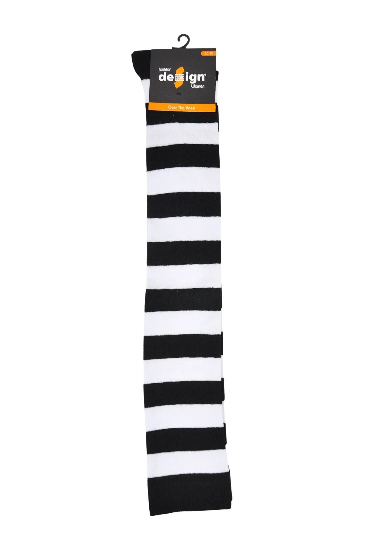 Diz Üstü Kadın Çorabı Siyah-Beyaz Çizgili - 36-40 Numara - %70 Pamuk | Design Socks