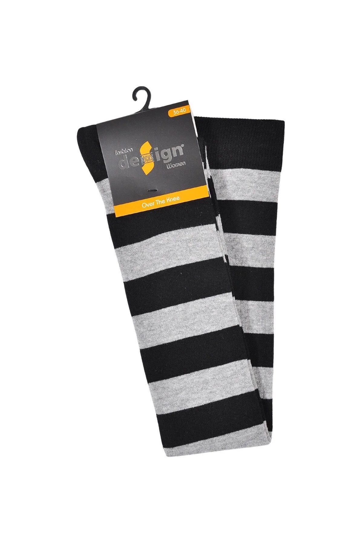 Diz Üstü Kadın Çorabı Siyah-Gri Çizgili - 36-40 Numara - %70 Pamuk | Design Socks
