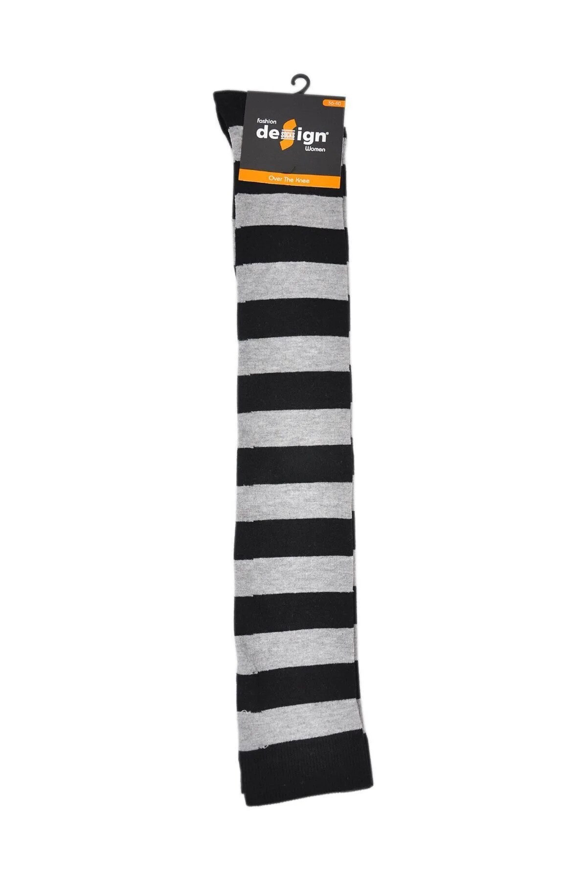 Diz Üstü Kadın Çorabı Siyah-Gri Çizgili - 36-40 Numara - %70 Pamuk | Design Socks
