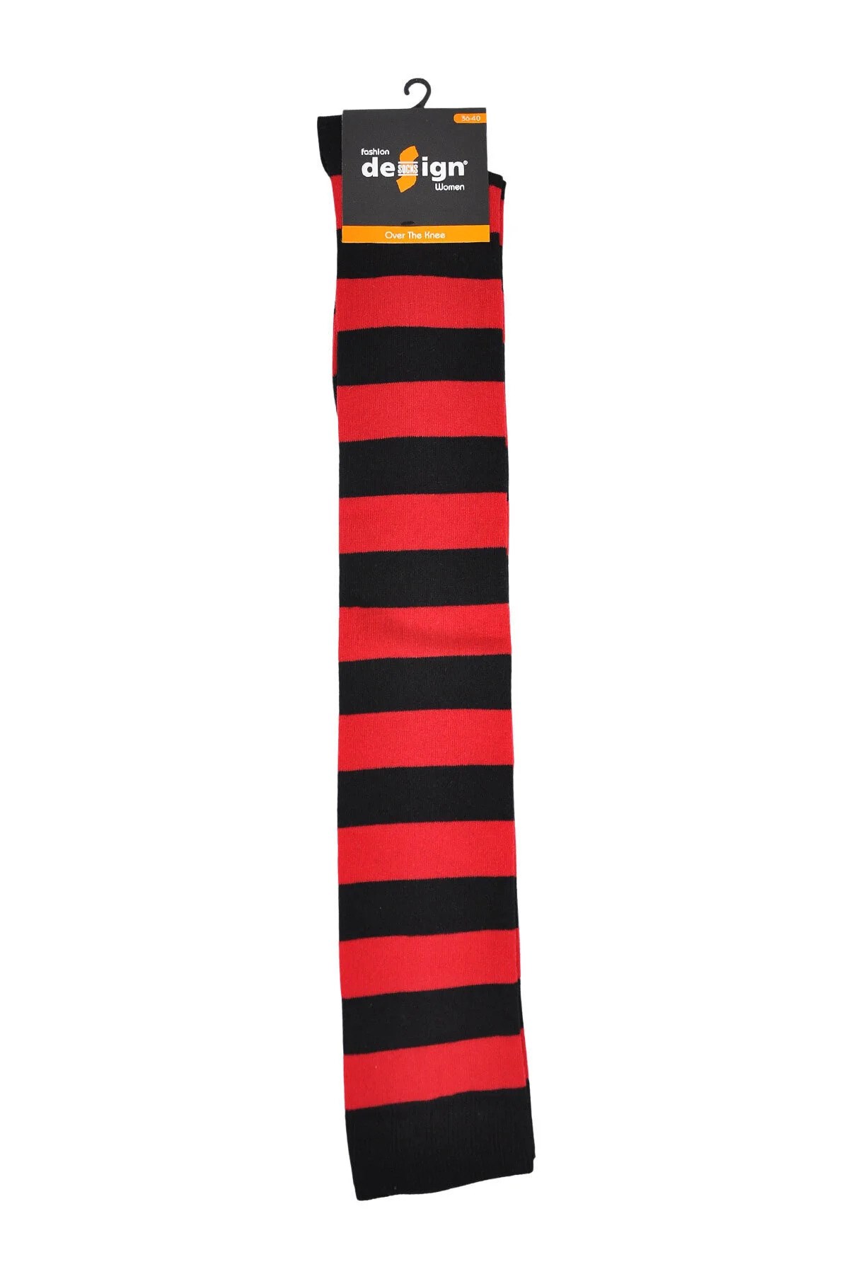 Diz Üstü Kadın Çorabı Siyah-Kırmızı Çizgili - 36-40 Numara - %70 Pamuk | Design Socks