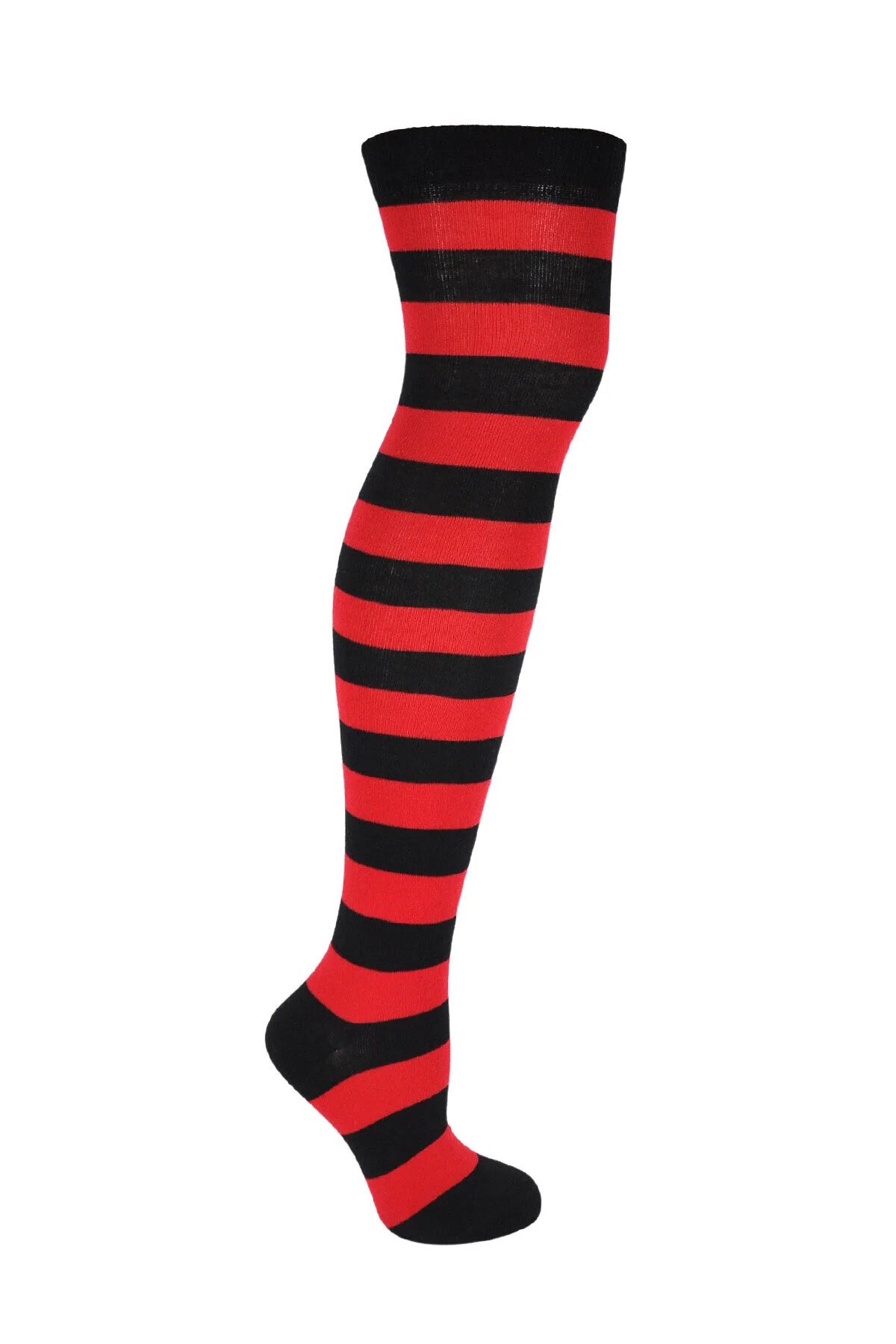Diz Üstü Kadın Çorabı Siyah-Kırmızı Çizgili - 36-40 Numara - %70 Pamuk | Design Socks