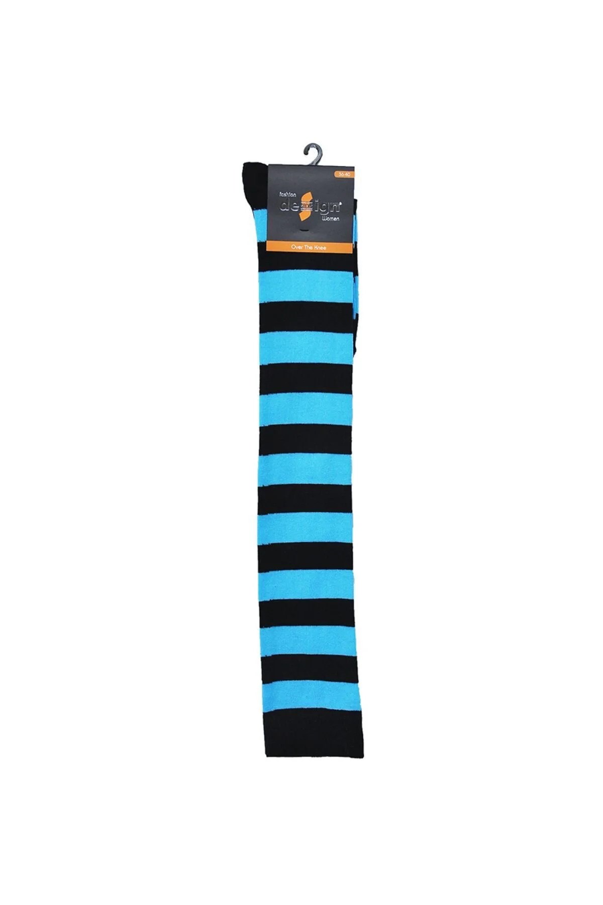 Diz Üstü Kadın Çorabı Siyah-Mavi Çizgili - 36-40 Numara - %70 Pamuk | Design Socks