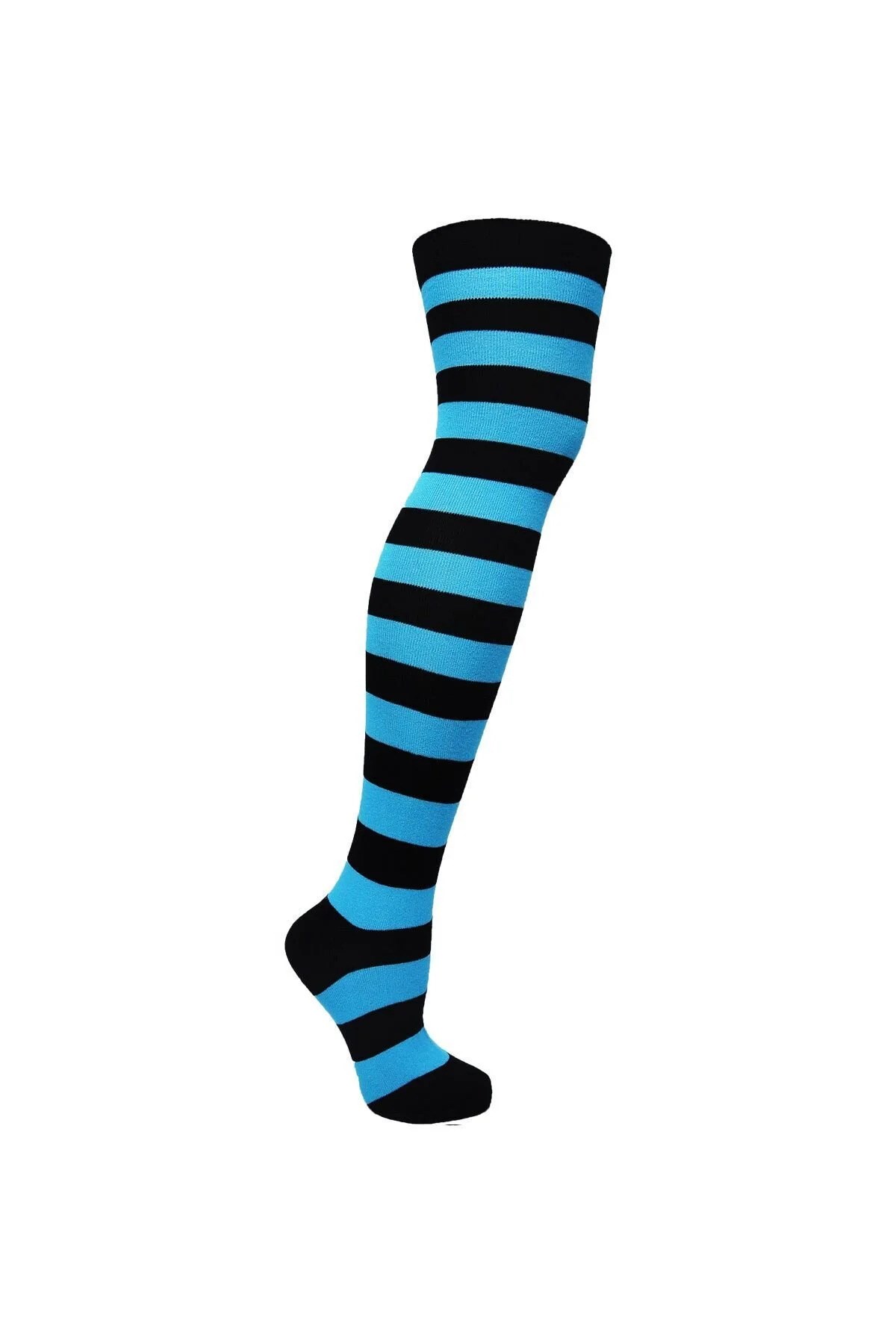 Diz Üstü Kadın Çorabı Siyah-Mavi Çizgili - 36-40 Numara - %70 Pamuk | Design Socks
