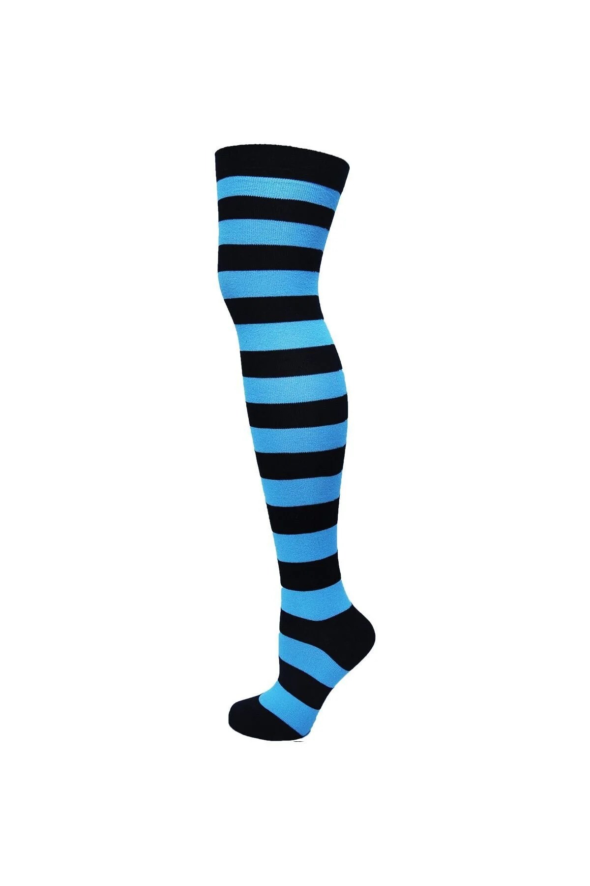 Diz Üstü Kadın Çorabı Siyah-Mavi Çizgili - 36-40 Numara - %70 Pamuk | Design Socks