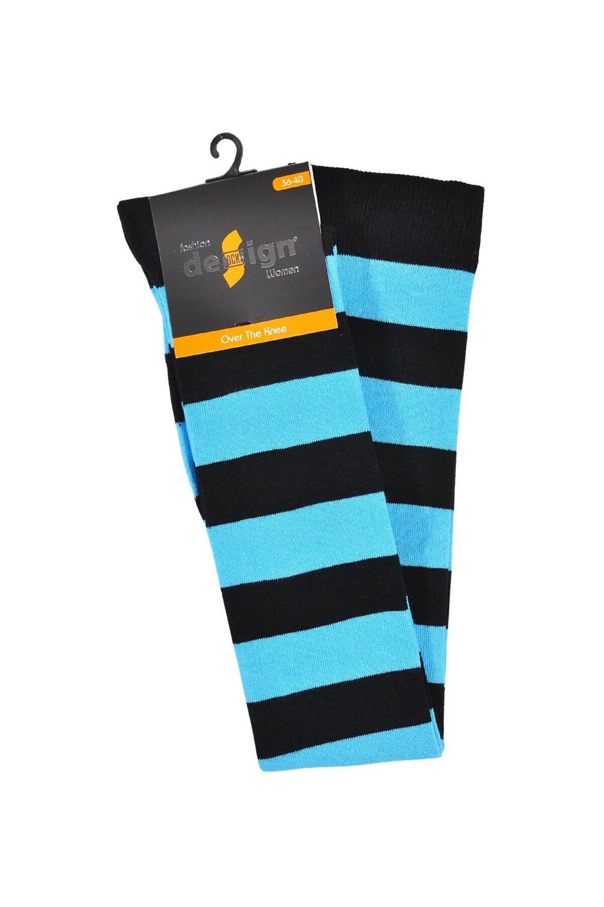 Diz Üstü Kadın Çorabı Siyah-Mavi Çizgili - 36-40 Numara - %70 Pamuk | Design Socks