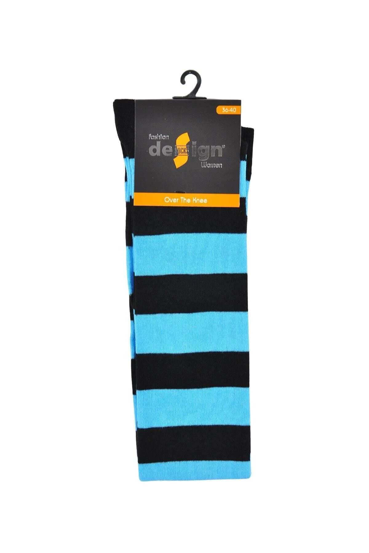 Diz Üstü Kadın Çorabı Siyah-Mavi Çizgili - 36-40 Numara - %70 Pamuk | Design Socks