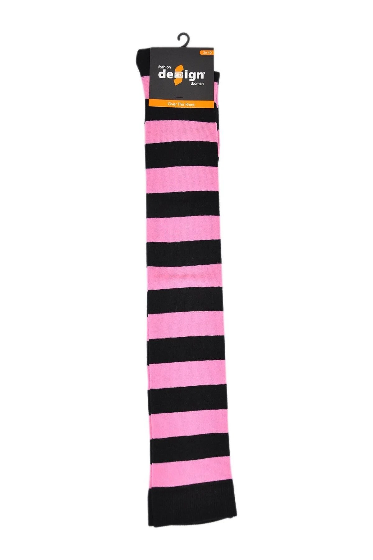 Diz Üstü Kadın Çorabı Siyah-Pembe Çizgili - 36-40 Numara - %70 Pamuk | Design Socks
