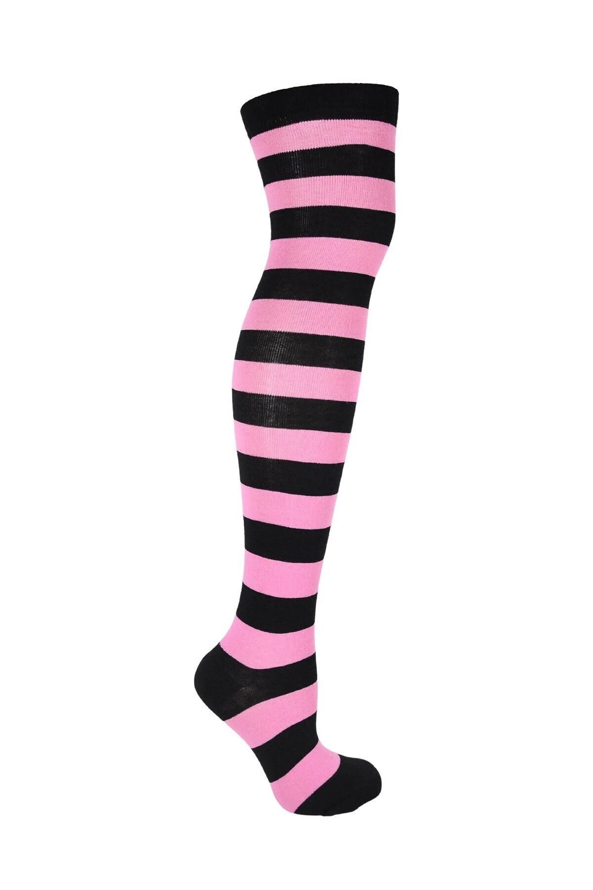 Diz Üstü Kadın Çorabı Siyah-Pembe Çizgili - 36-40 Numara - %70 Pamuk | Design Socks