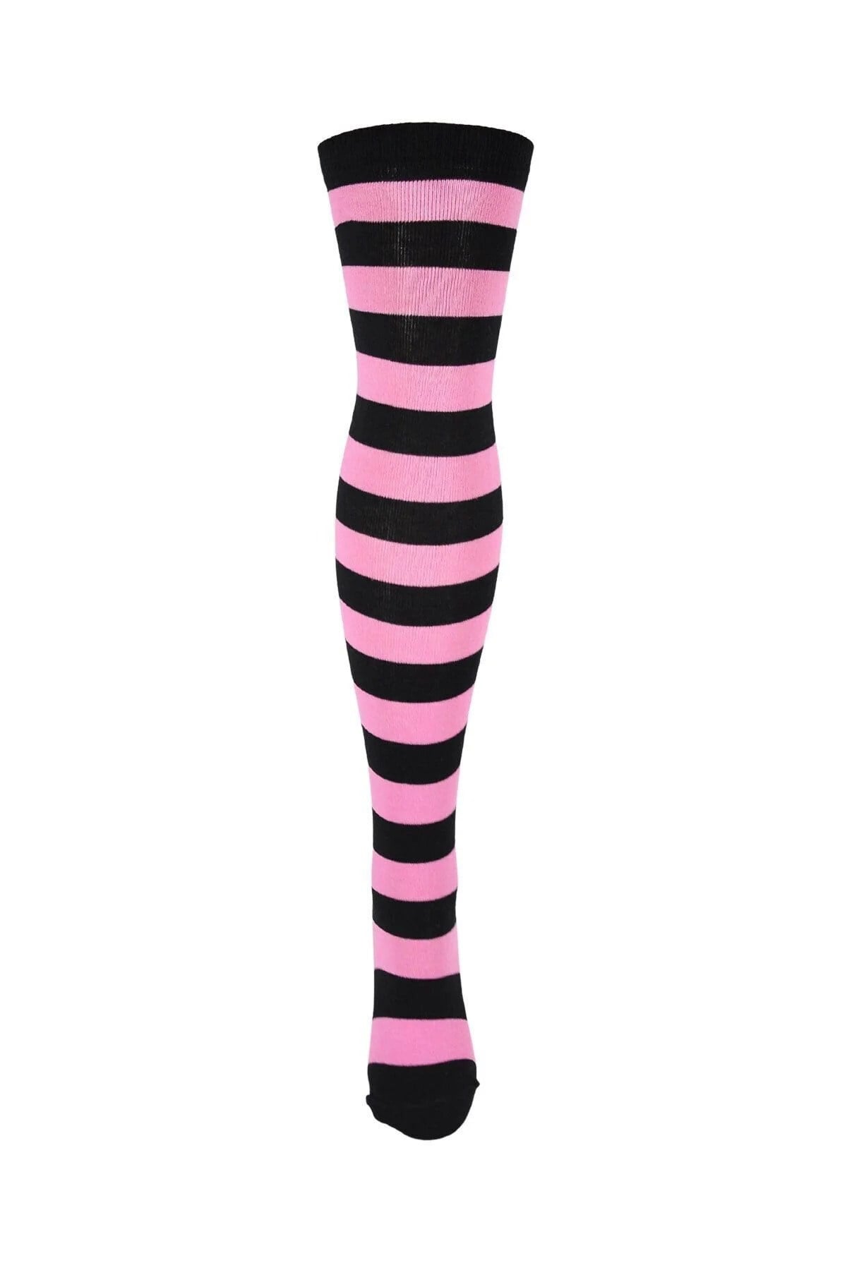 Diz Üstü Kadın Çorabı Siyah-Pembe Çizgili - 36-40 Numara - %70 Pamuk | Design Socks