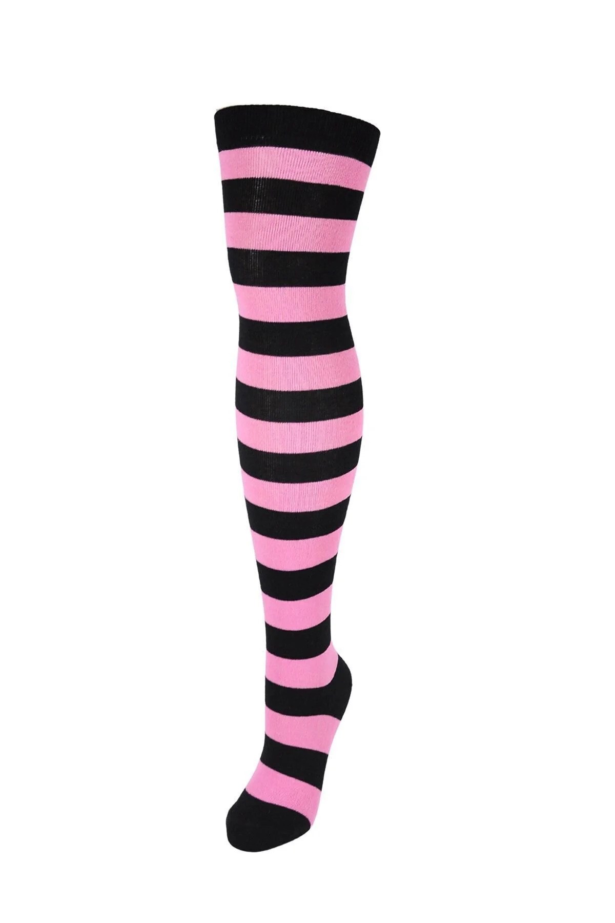Diz Üstü Kadın Çorabı Siyah-Pembe Çizgili - 36-40 Numara - %70 Pamuk | Design Socks