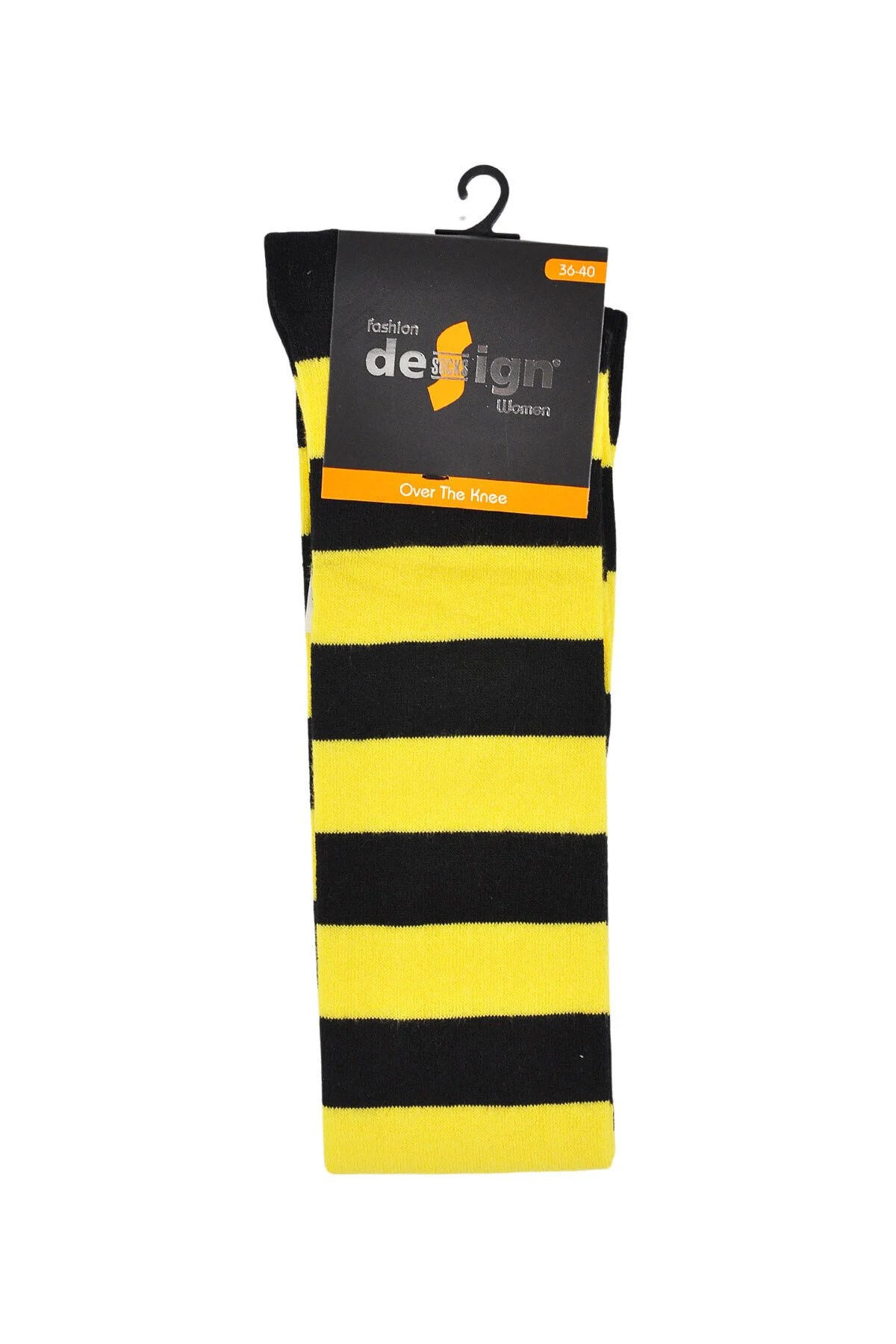 Diz Üstü Kadın Çorabı Siyah-Sarı Çizgili - 36-40 Numara - %70 Pamuk | Design Socks