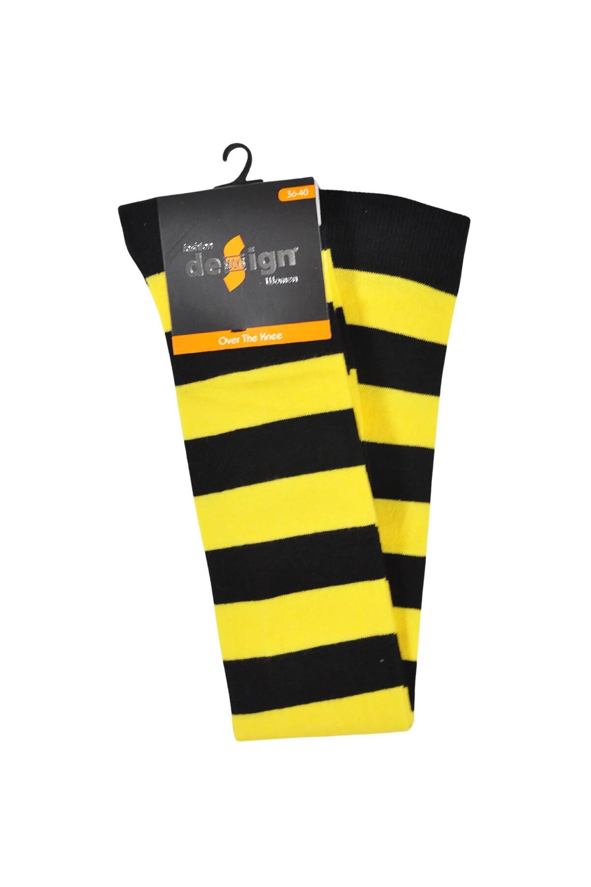 Diz Üstü Kadın Çorabı Siyah-Sarı Çizgili - 36-40 Numara - %70 Pamuk | Design Socks