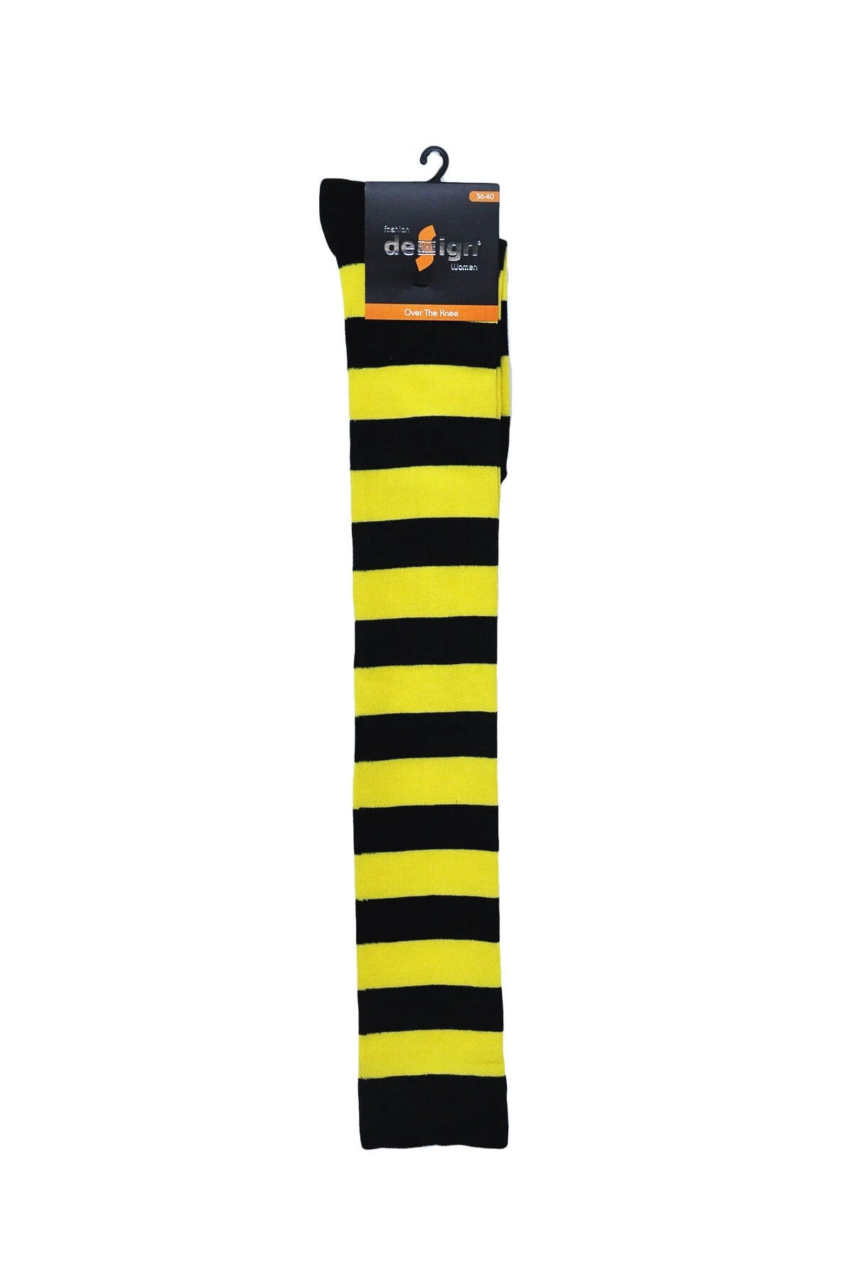 Diz Üstü Kadın Çorabı Siyah-Sarı Çizgili - 36-40 Numara - %70 Pamuk | Design Socks
