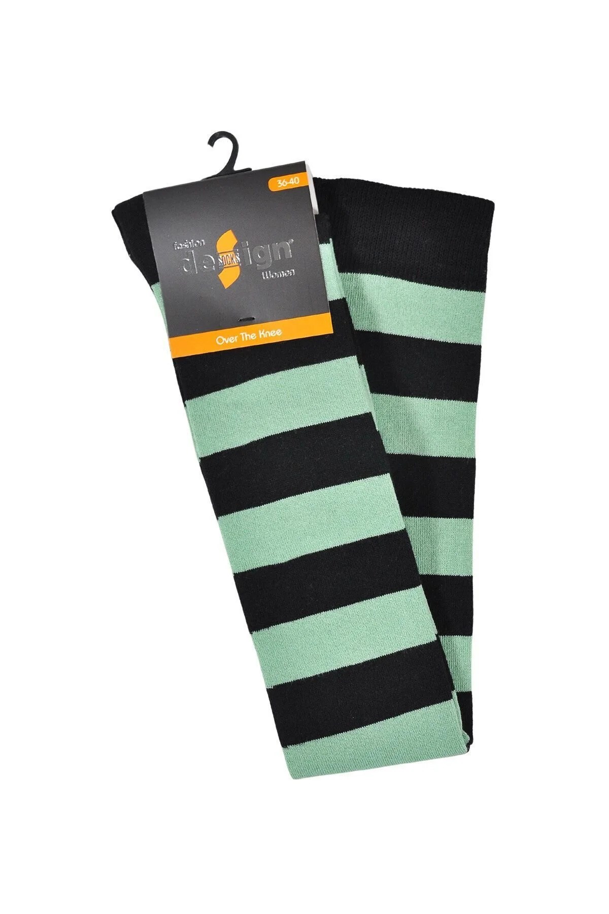 Diz Üstü Kadın Çorabı Siyah-Yeşil Çizgili - 36-40 Numara - %70 Pamuk | Design Socks