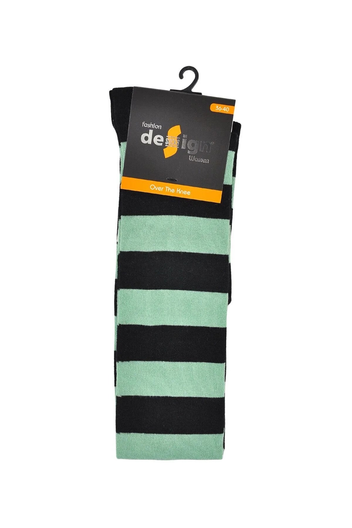 Diz Üstü Kadın Çorabı Siyah-Yeşil Çizgili - 36-40 Numara - %70 Pamuk | Design Socks