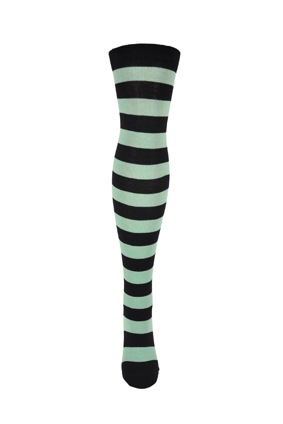 Diz Üstü Kadın Çorabı Siyah-Yeşil Çizgili - 36-40 Numara - %70 Pamuk | Design Socks
