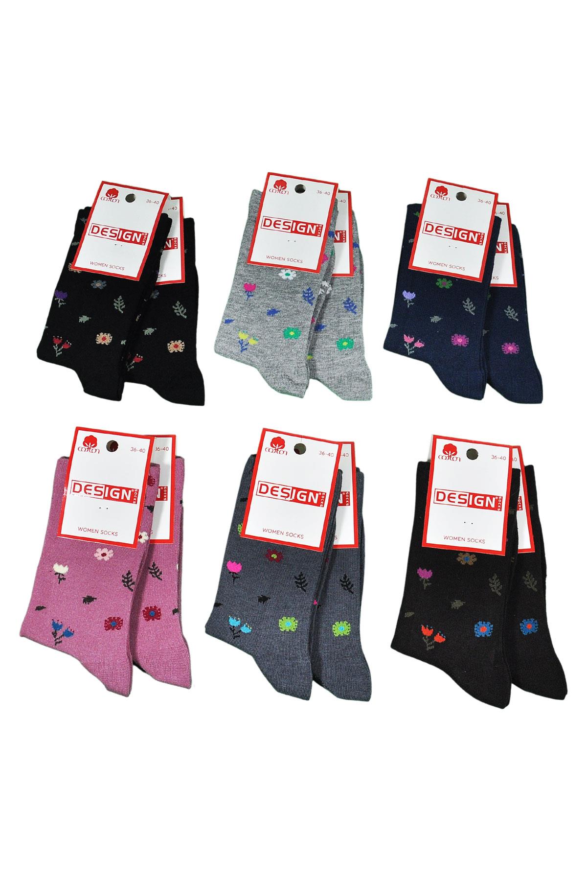 Küçük Çiçek Desenli Soket Kadın Çorabı - Koyu Asorti- 36-40 Numara - %70 Pamuk | Design Socks